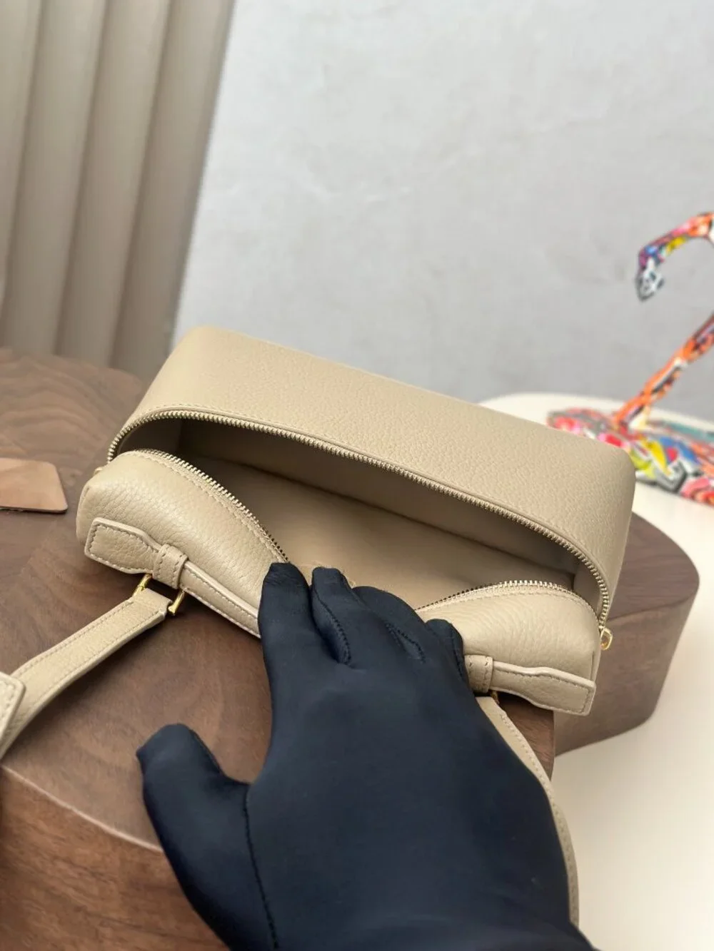 Loro Piana Extra Pocket L19 Leather Pouch Bag Beige Gold HW
